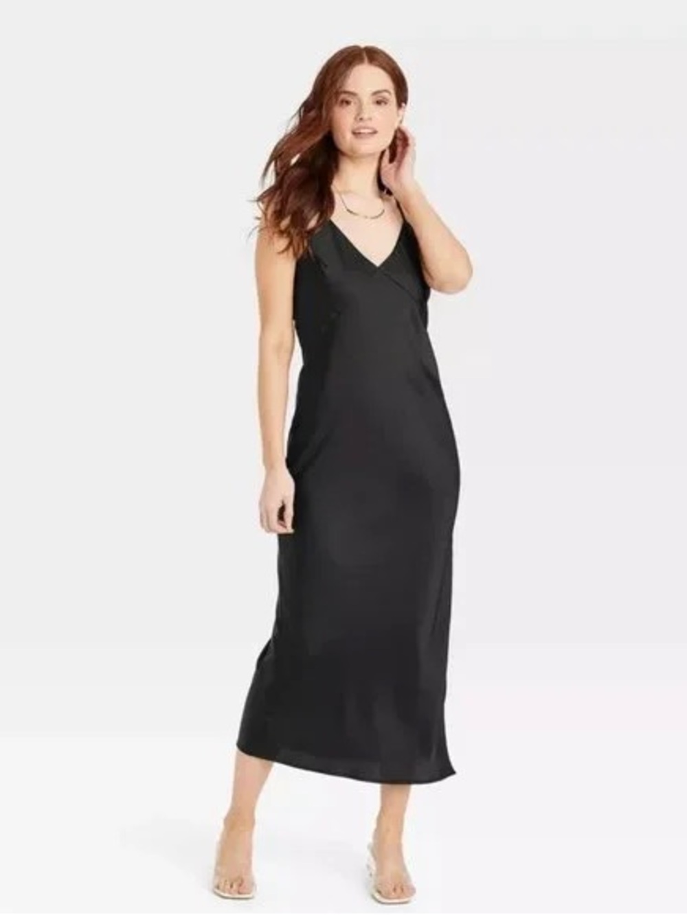 A New Day Black Satin Slip Dress Midi V-Neck 1X NWT